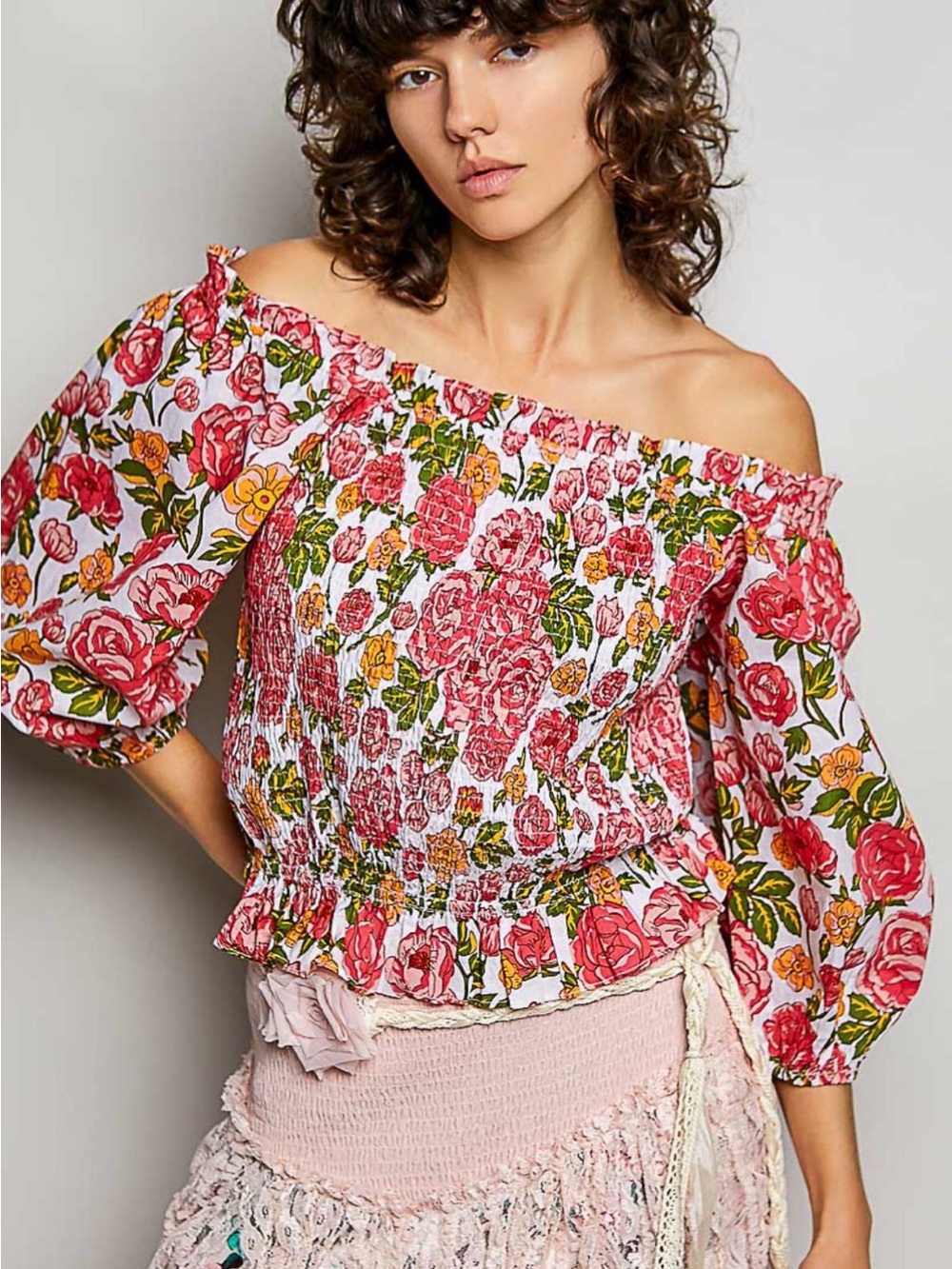 POL Pink Floral Off-Shoulder Smocked Blouse